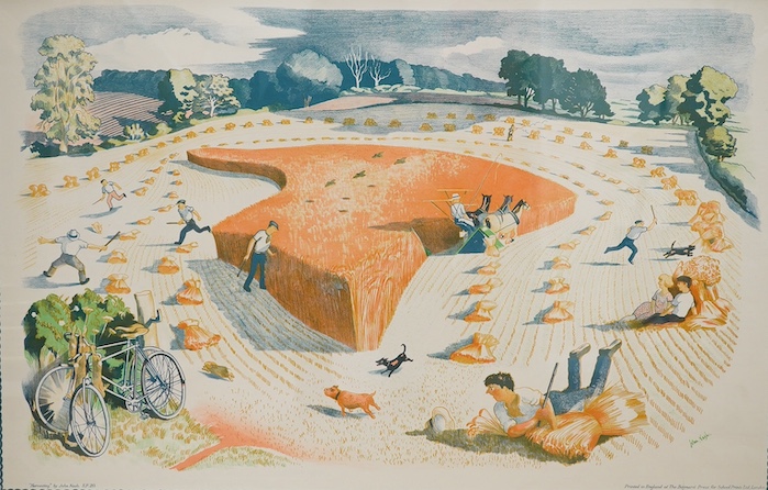 After John Nash RA (1893-1977), colour lithographic school print, Harvesting, printed in England at The Baynard Press, 49 x 75cm. Condition - good